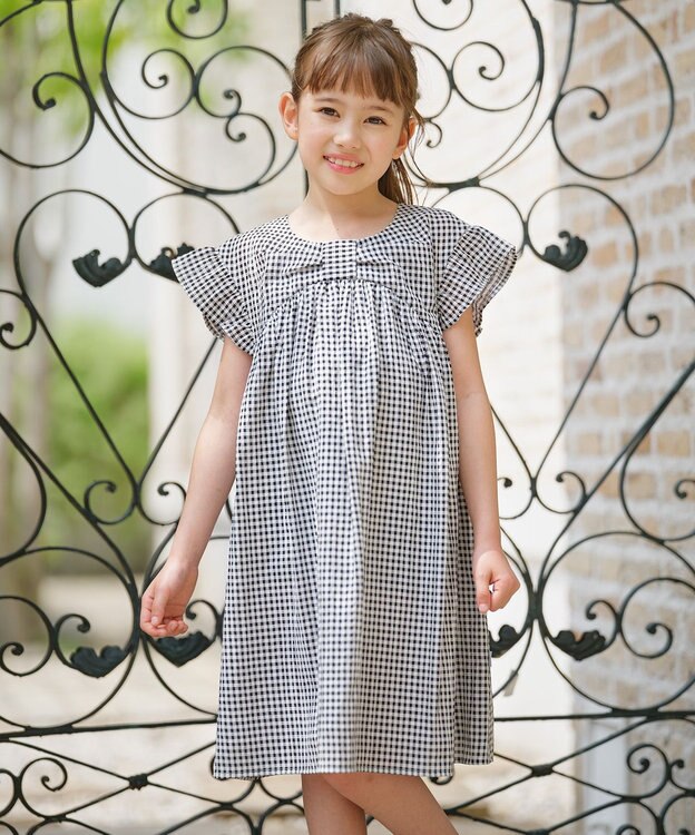 組曲 KIDS 【110-140㎝】ギンガムサッカー ワンピース モノトーン