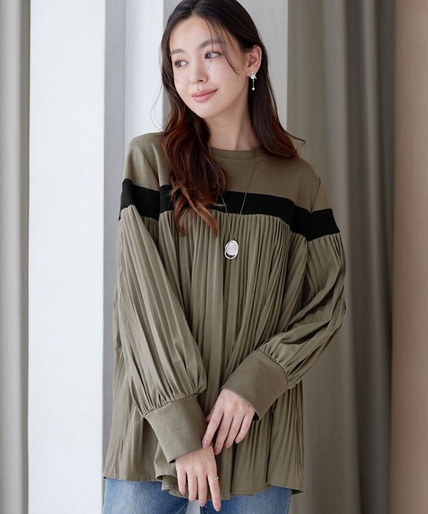 Tiaclasse 配色ラインプリーツプルオーバー カーキ