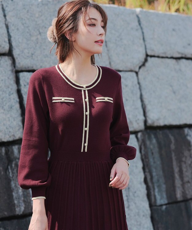 Tiaclasse 【洗える】セットアップ見え配色ニットワンピース ボルドー