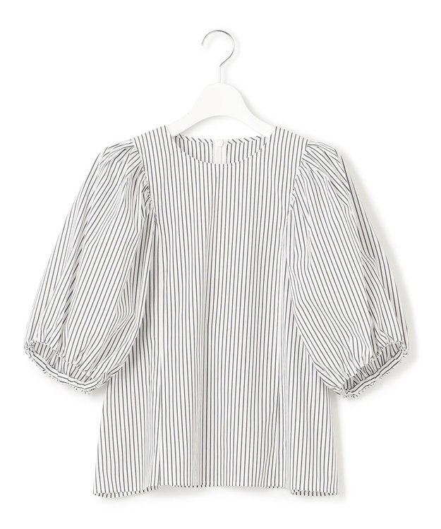 23区 L 【一部店舗限定/洗える】ハイカウントウェザーストレッチ パフスリーブ ブラウス ホワイト×ブラックストライプ