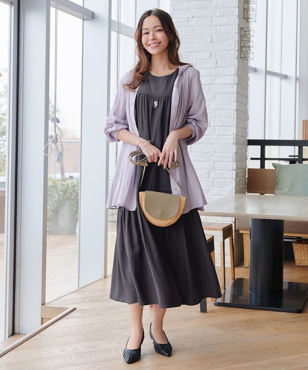 Tiaclasse 麻調ピンタックロングワンピース チャコールグレー