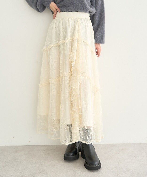 earth music&ecology レースフリルティアードスカート Ivory