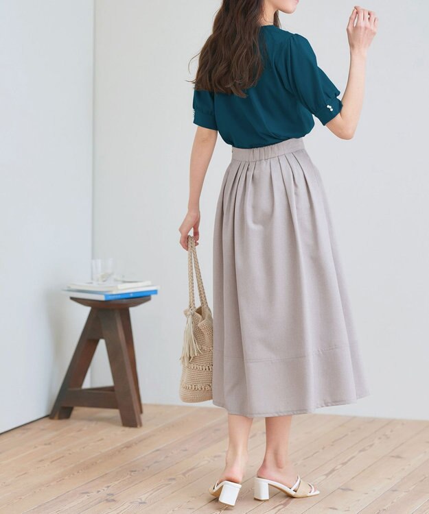 Tiaclasse 【選べる丈】麻調タックフレアスカート ミモレ丈グレージュ