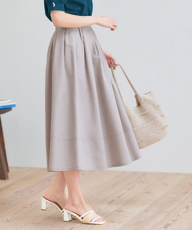 Tiaclasse 【選べる丈】麻調タックフレアスカート ミモレ丈グレージュ