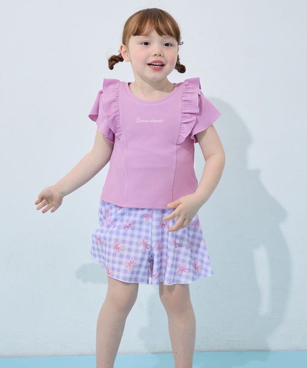 ANY KIDS 【UVカット】2WAYショルダーセパレート水着 ラベンダー×ラベンダーチェック