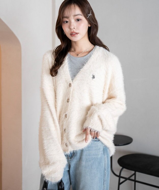 WEGO 【25年秋冬新作/WEB限定】別注USPOLOシャギーニットカーデ ホワイトアイボリー