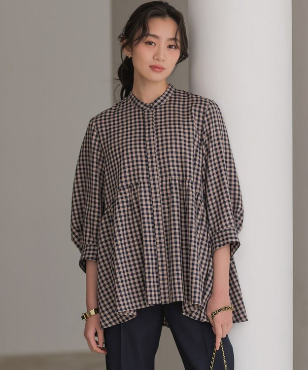 組曲 ニューリヨセルシャーティングペプラム ブラウス ベージュギンガム系3