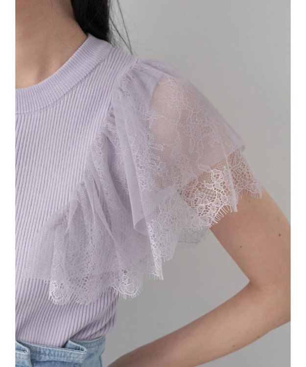 earth music&ecology 袖レースリブニットプルオーバー Lavender