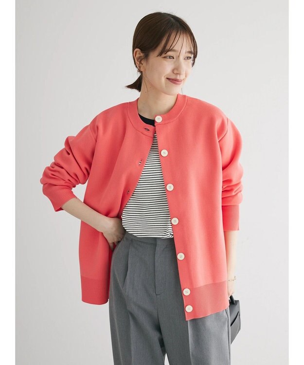 Green Parks かるい クルーネックカーディガン Salmon Pink