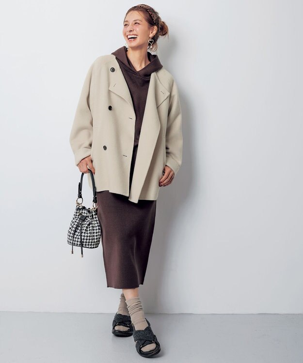 UNFILO 【撥水】ウール混リバー ショートコート ベージュ系