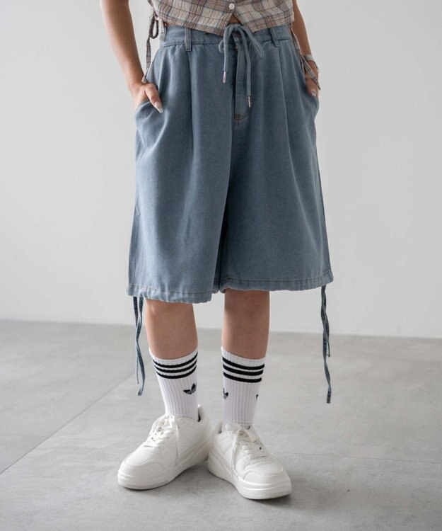 WEGO ドロストワイドルーズハーフパンツ デニム淡色