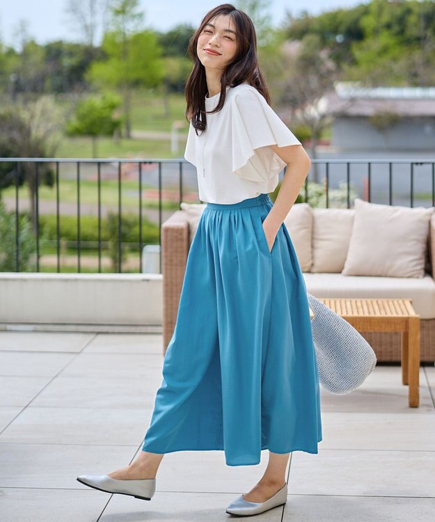 ANY L 【洗濯機可/ウエストゴム/UVケア】スパンボイル撥水スカートパンツ ブルー