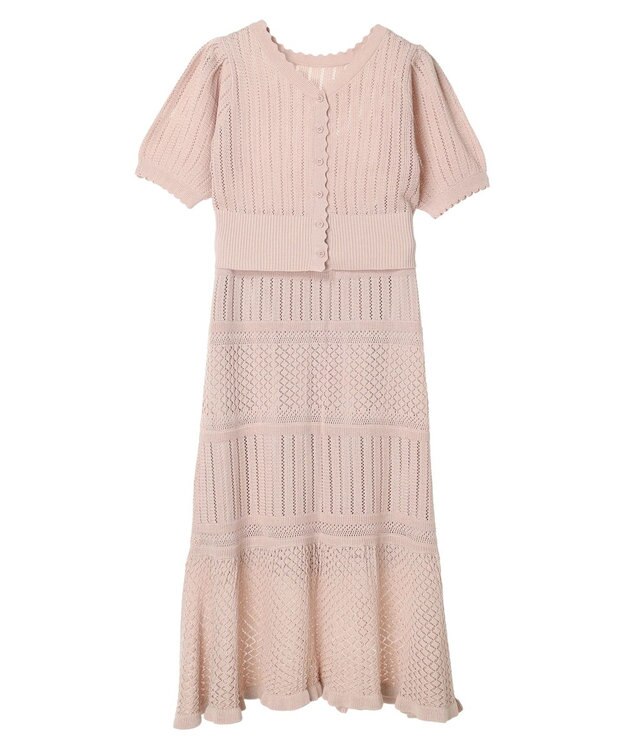 earth music&ecology ２点ＳＥＴ透かし編みカーディガン＋裾フレアスカート Pink