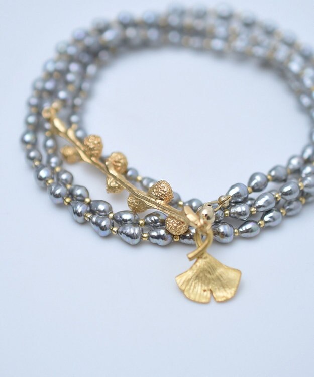 monshiro 【バロックパール/2WAY】イチョウロング ネックレス ゴールド×グレー