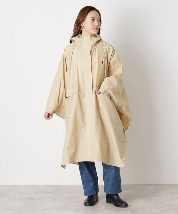 MOONBAT POLO RALPH LAUREN(ポロ ラルフローレン) ポロポニー ポケッタブル レインポンチョ レインコート 無地 フード 収納袋 ロゴ入 レディース ベージュ
