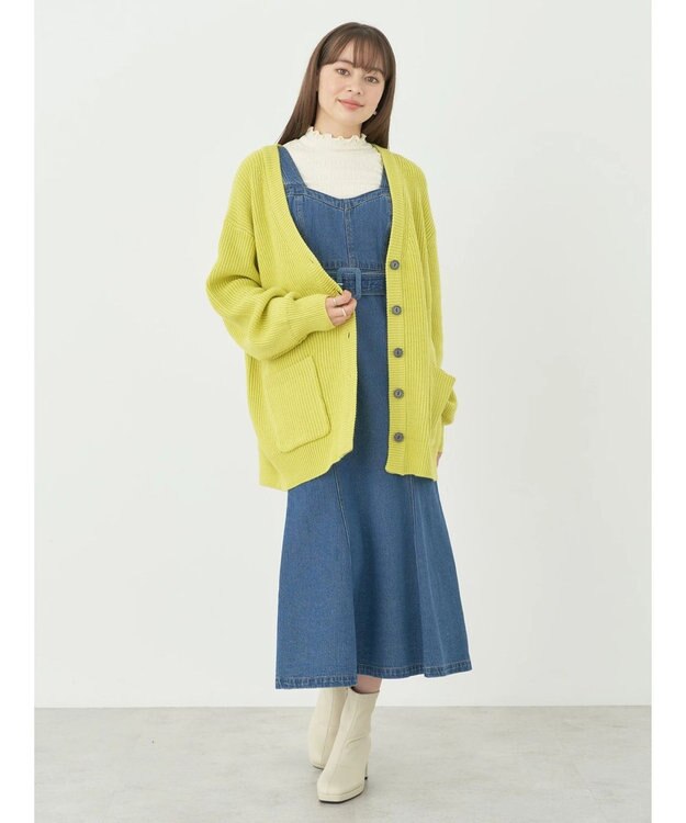 earth music&ecology アンチピリング畦Ｖネックカーディガン Lime Green