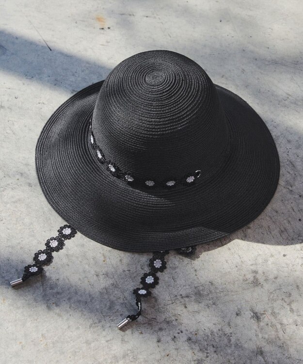 Tiaclasse フラワーレース付きクロッシュハット ブラック