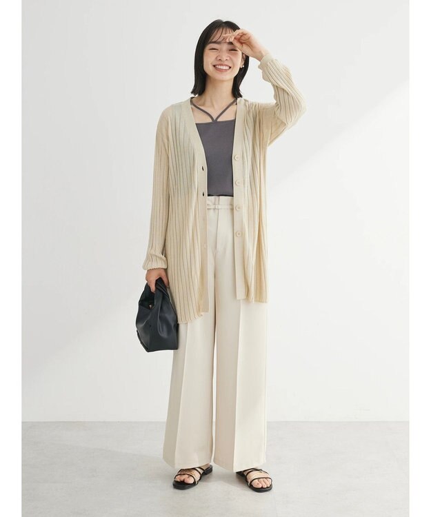 Green Parks 推しニット　リブ編みミドル丈カーディガン Gray Beige