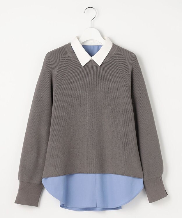 ANY SIS L ニットレイヤード シャツ ツインセット チャコール×ブルー