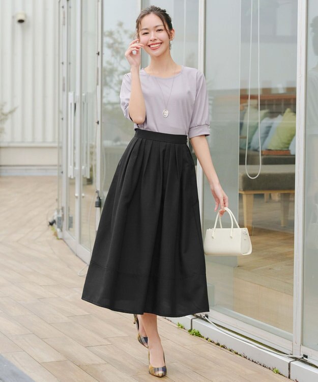 Tiaclasse 【選べる丈】麻調タックフレアスカート 膝丈ブラック