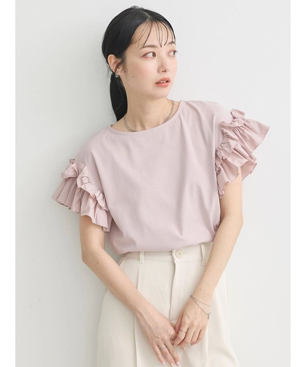 earth music&ecology フリルスリーブカットソー Pink Beige