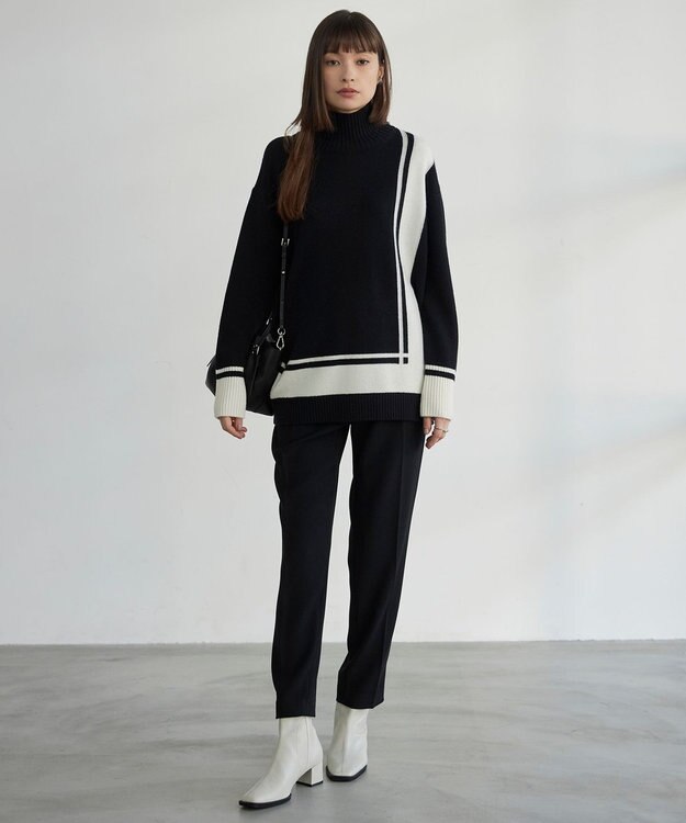 ICB 【洗える】 ソフトカシミヤミックス ライン柄ニット ブラック系2