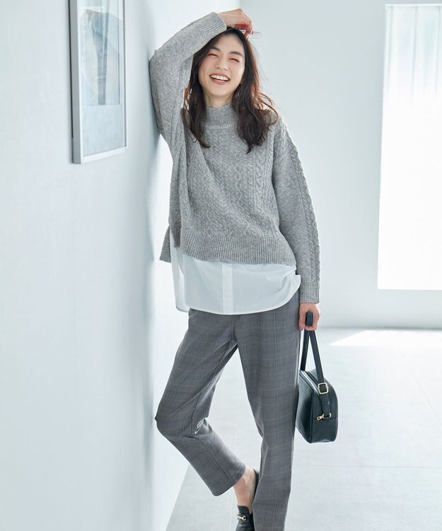 ANY 【洗濯機可能】シャツコンビケーブルニット グレー