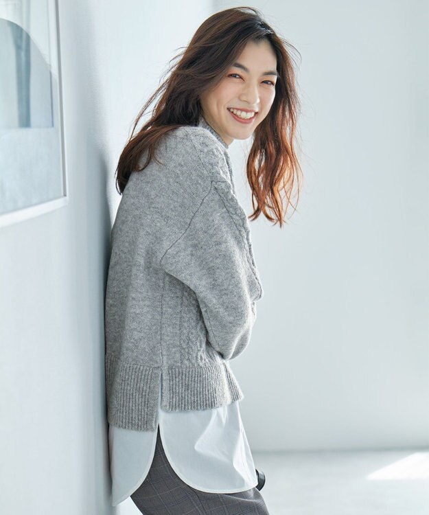 ANY 【洗濯機可能】シャツコンビケーブルニット グレー