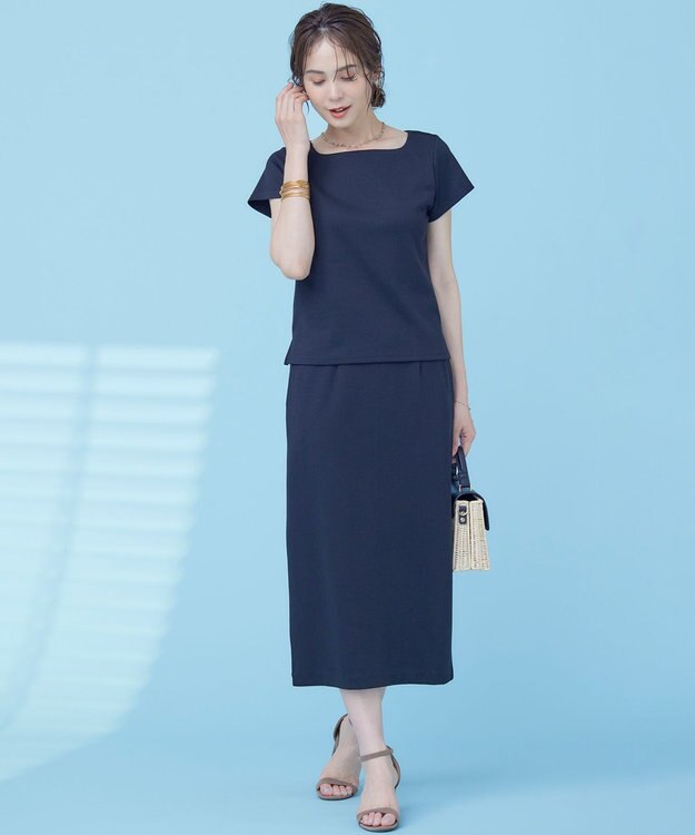 組曲 L 【WEB限定】ストライプジャガード カップ付きTシャツ ブラック系