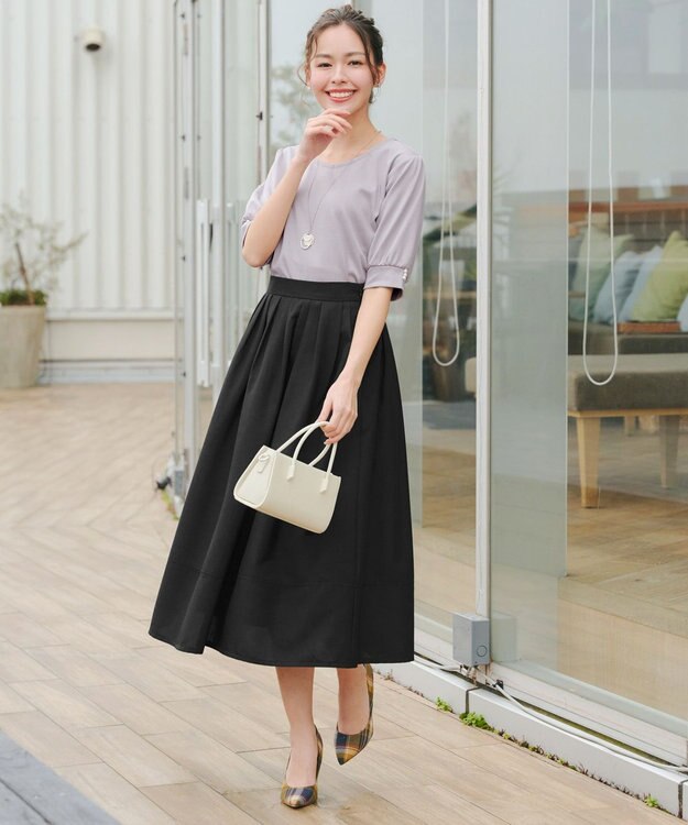 Tiaclasse 【選べる丈】麻調タックフレアスカート 膝丈ブラック