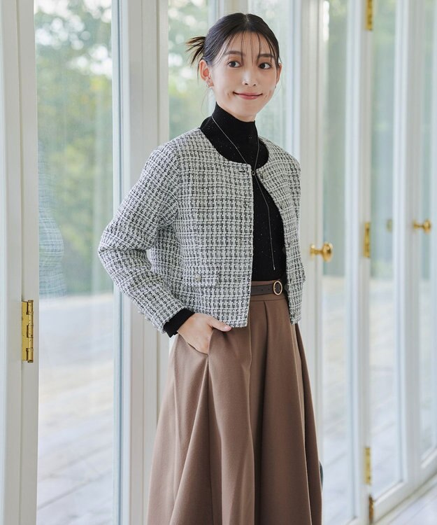 Tiaclasse 【洗える】ツイードノーカラージャレロ ホワイト