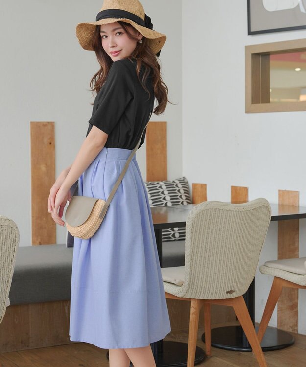 Tiaclasse 【選べる丈】麻調タックフレアスカート 膝丈サックス