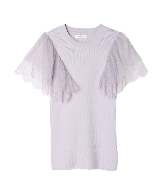 earth music&ecology 袖レースリブニットプルオーバー Lavender