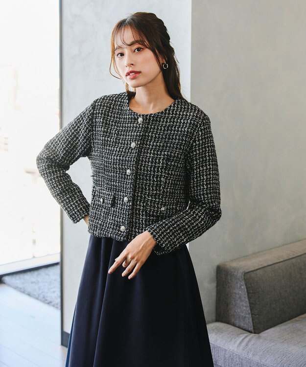 Tiaclasse 【洗える】ツイードノーカラージャレロ ブラック