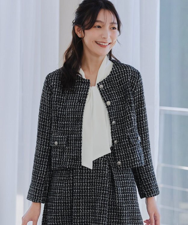 Tiaclasse 【洗える】ツイードノーカラージャレロ ブラック