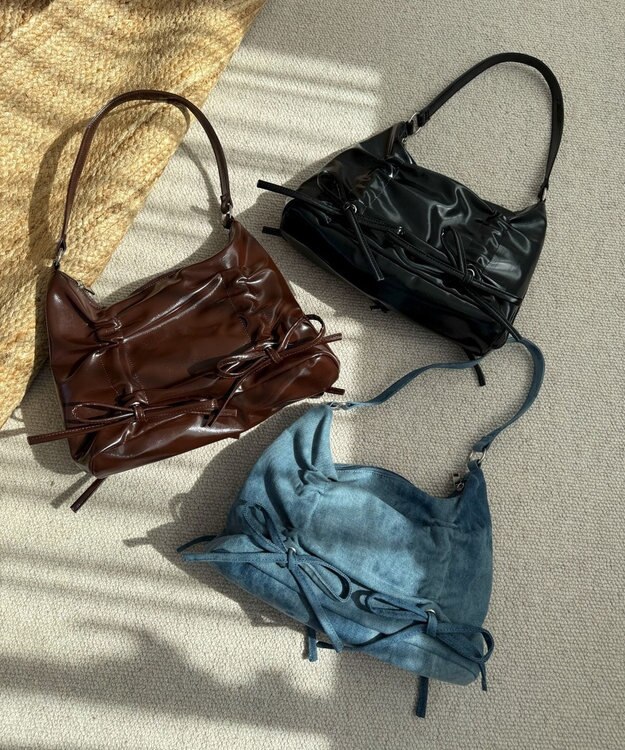 WEGO ギャザーリボンハーフムーンバッグ デニム淡加工色