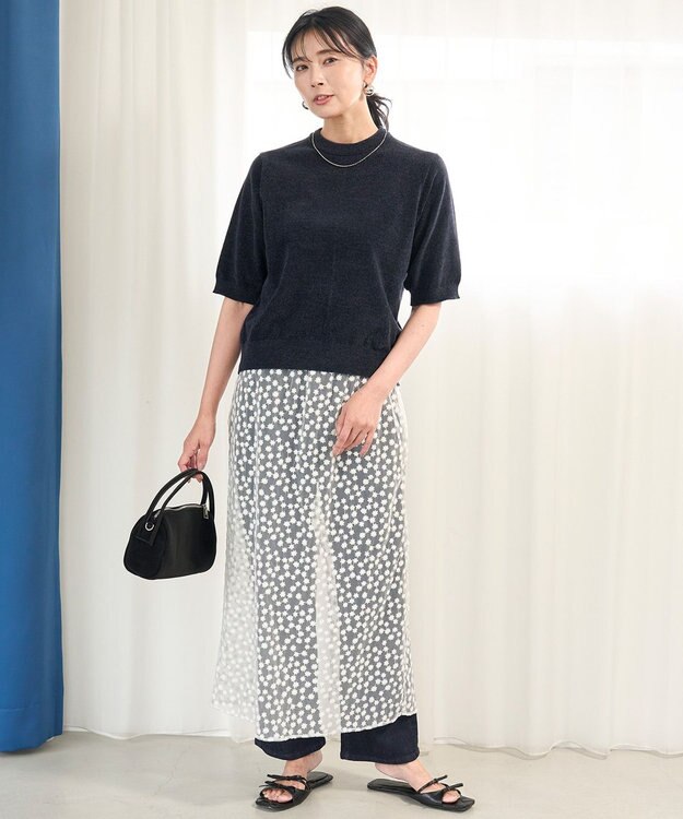 UNFILO L ベロアモール ハーフスリーブニット ネイビー