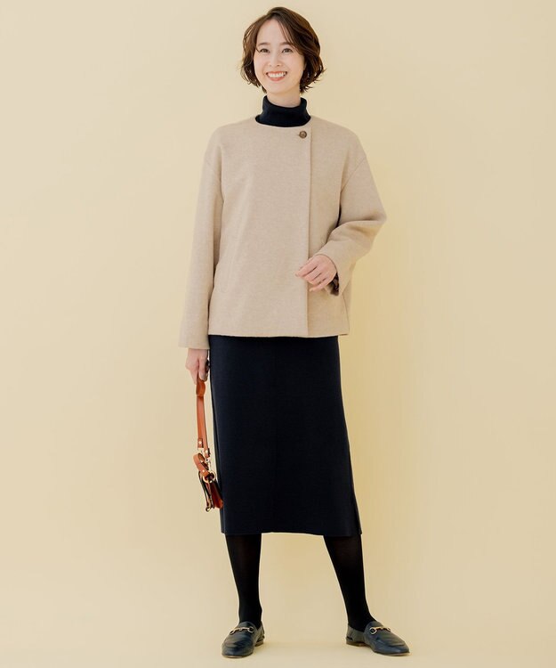 自由区 【WEB限定】ブラッシュドビーバー ショート丈ノーカラーコート ベージュ系