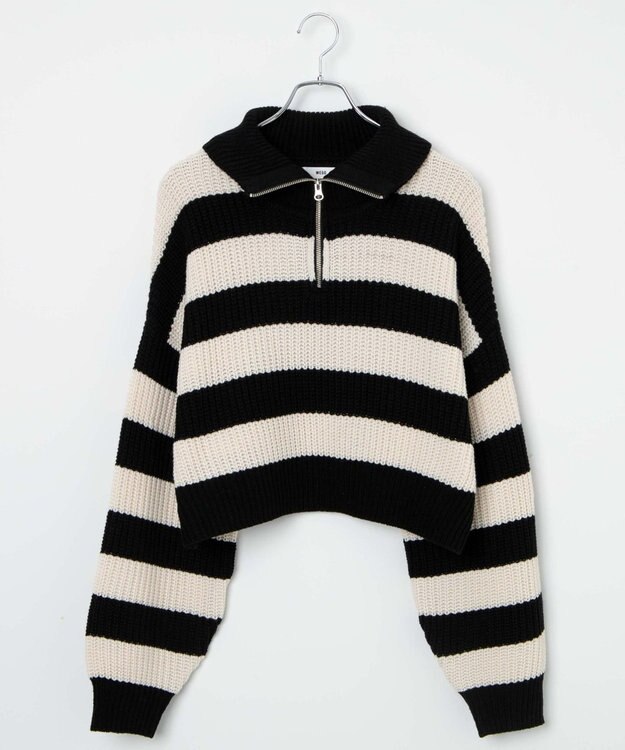 WEGO ハーフジップショートニットプルオーバー ブラックボーダー