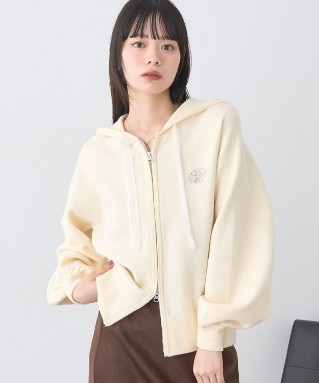 earth music&ecology レースコードダブルジップニットパーカー Ivory
