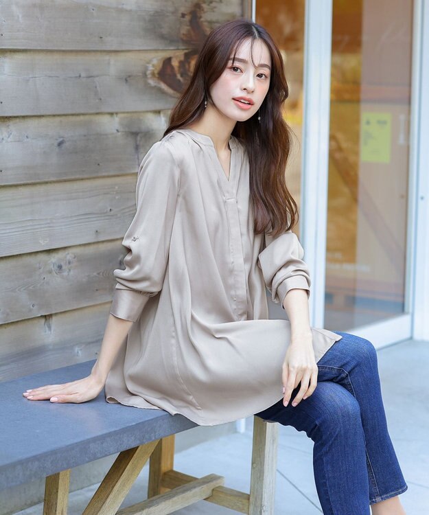 Tiaclasse 【洗える】ヴィンテージサテンチュニックブラウス グレージュ