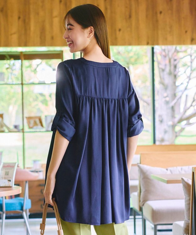 Tiaclasse L 【洗える】ヴィンテージサテンチュニックブラウス ネイビー
