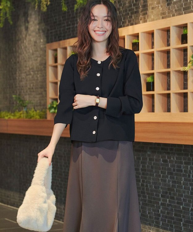 Tiaclasse L 【洗える】スポンジニットパールボタンカーディガン ブラック