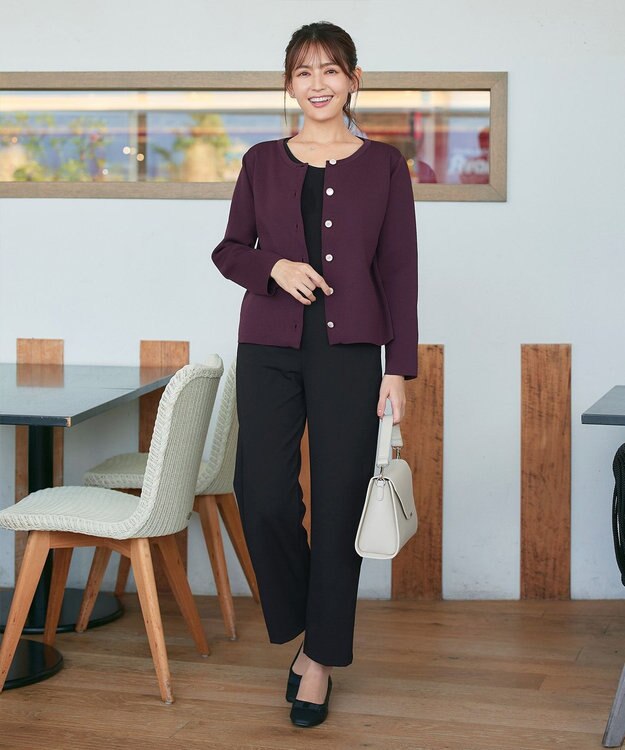 Tiaclasse L 【洗える】スポンジニットパールボタンカーディガン ワイン