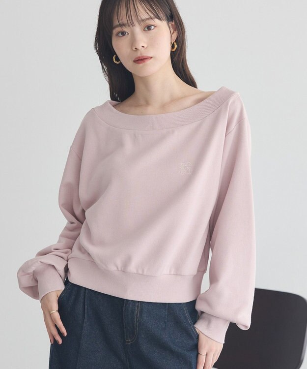 earth music&ecology ショート丈ワンポイント刺繍オフショルスウェット Pink