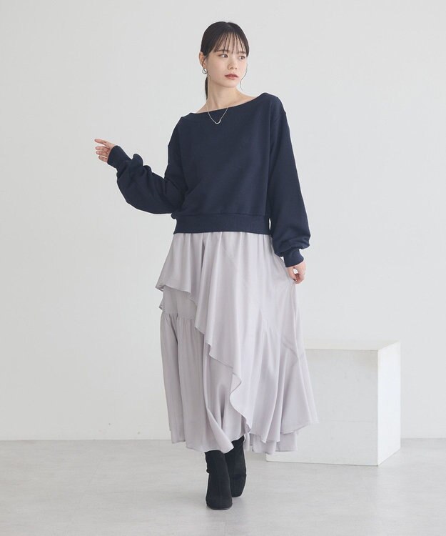 earth music&ecology ショート丈ワンポイント刺繍オフショルスウェット Navy