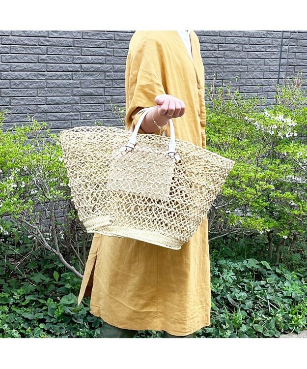 UNBILLION perche モロッコ椰子透かし編み×姫路レザー結びハンドルカゴバッグ アイボリー