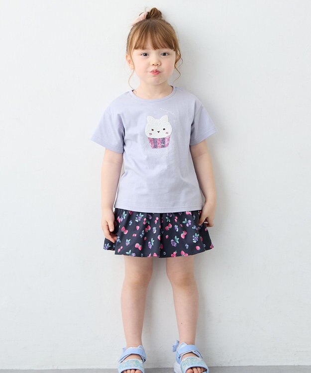 ANY KIDS 【綿100%】ドロップショルダーミラクルスパンコールTシャツ サックスブルー×ケーキ