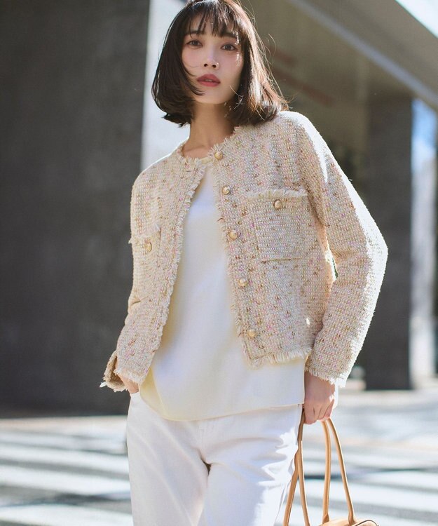 23区 L カフスボタン サテンTEEブラウス アイボリー系