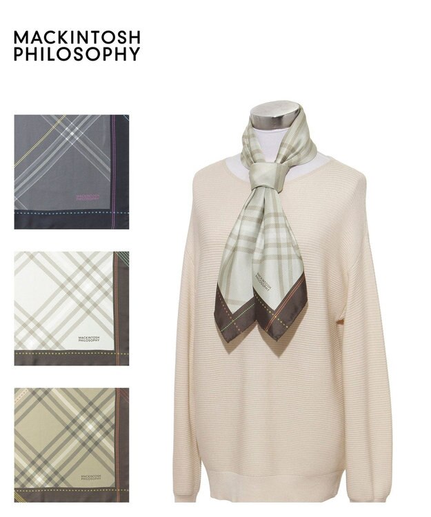 MOONBAT MACKINTOSH PHILOSOPHY(マッキントッシュ フィロソフィー）シルクスカーフ チェック 88×88㎝ 日本製 ベージュ